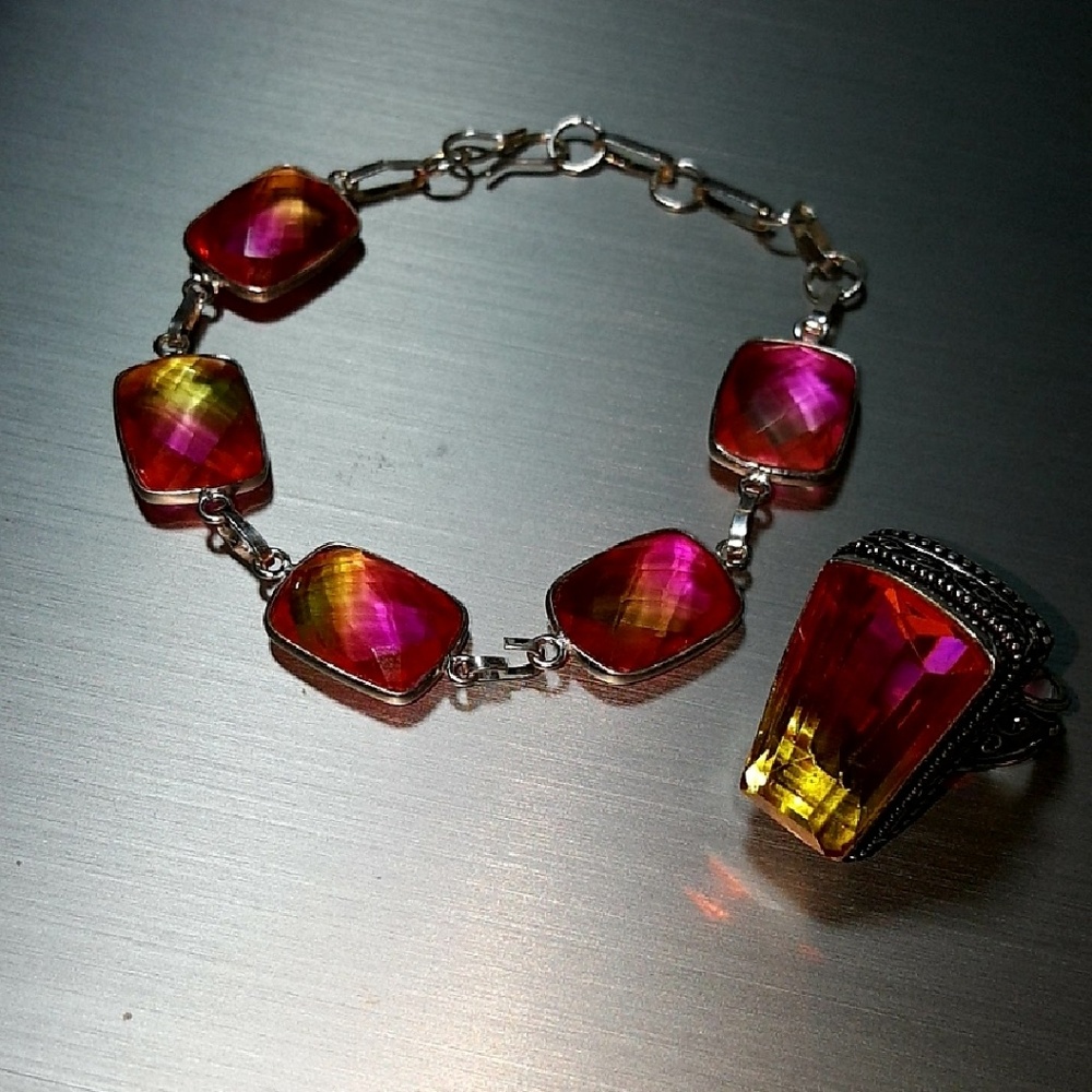 Pink and yellow tourmaline .925 ring bracelet set